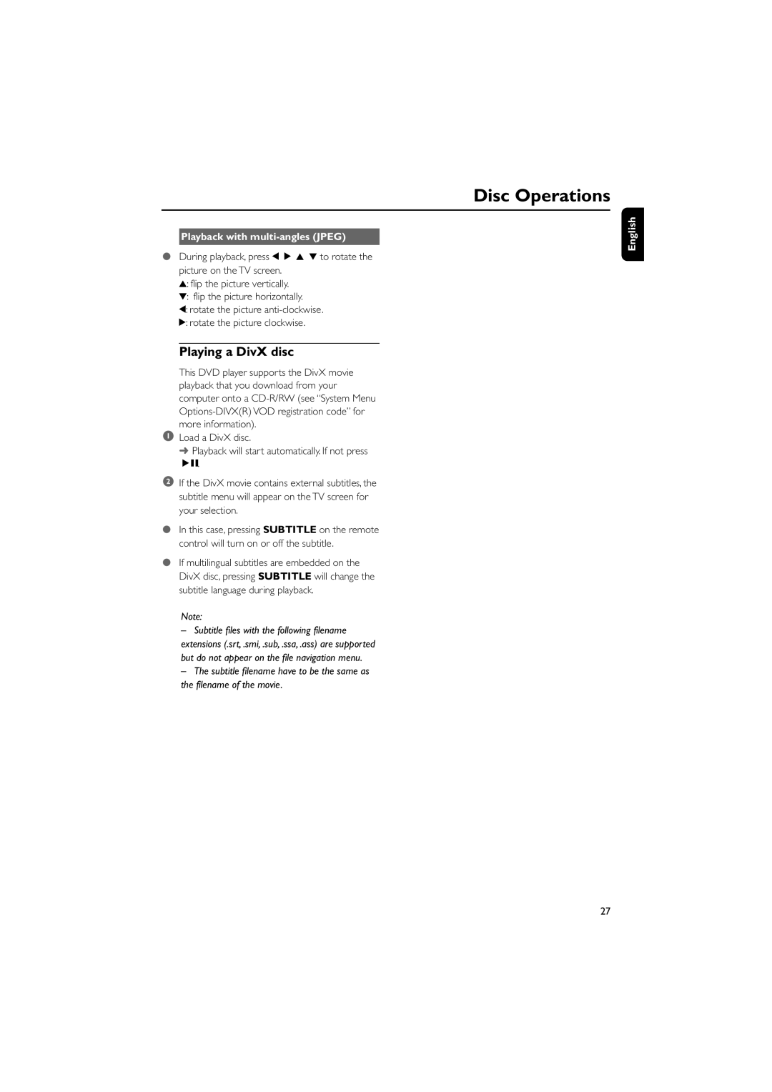 Philips MCD708/58 user manual Playing a DivX disc, Playback with multi-angles Jpeg 