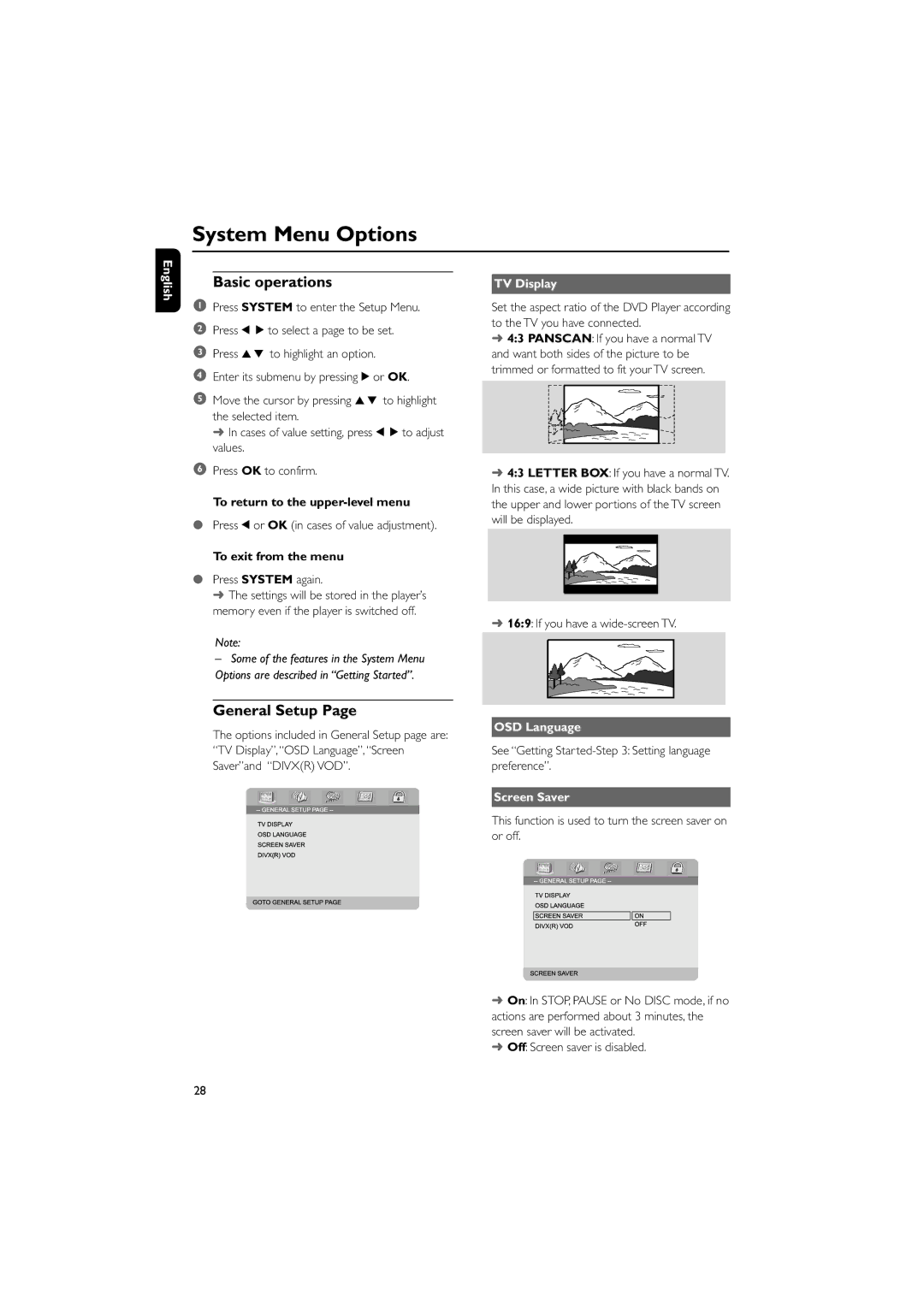 Philips MCD708/58 user manual System Menu Options, Basic operations, General Setup 