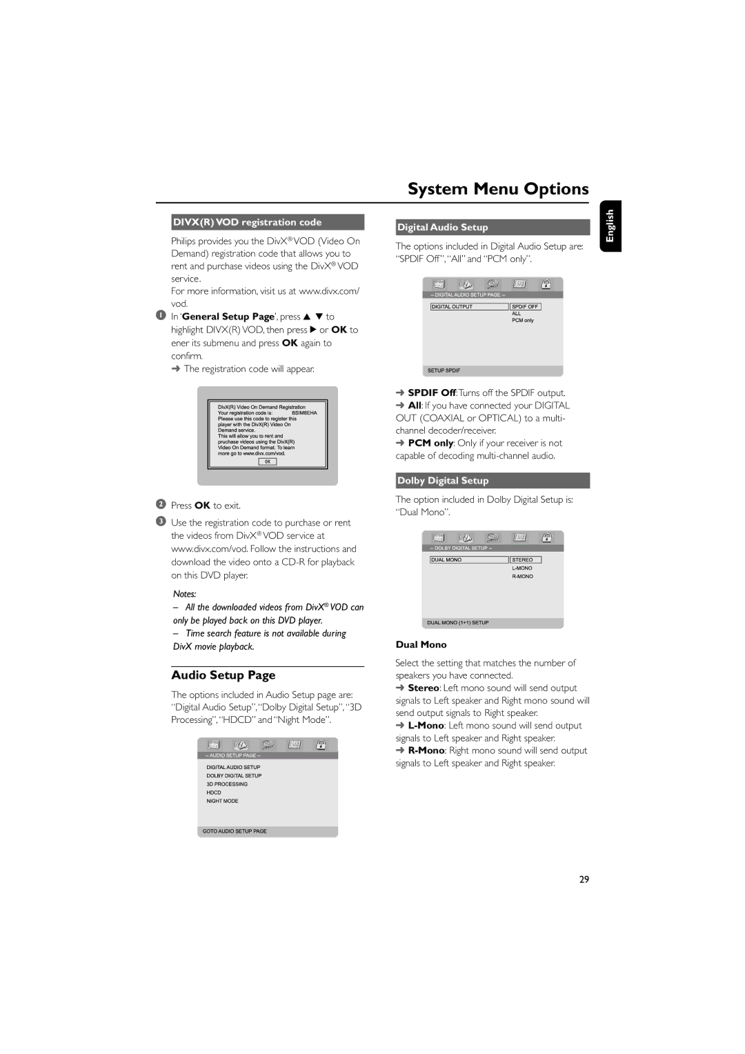 Philips MCD708/58 user manual Audio Setup, Divxr VOD registration code, Dolby Digital Setup, Dual Mono 