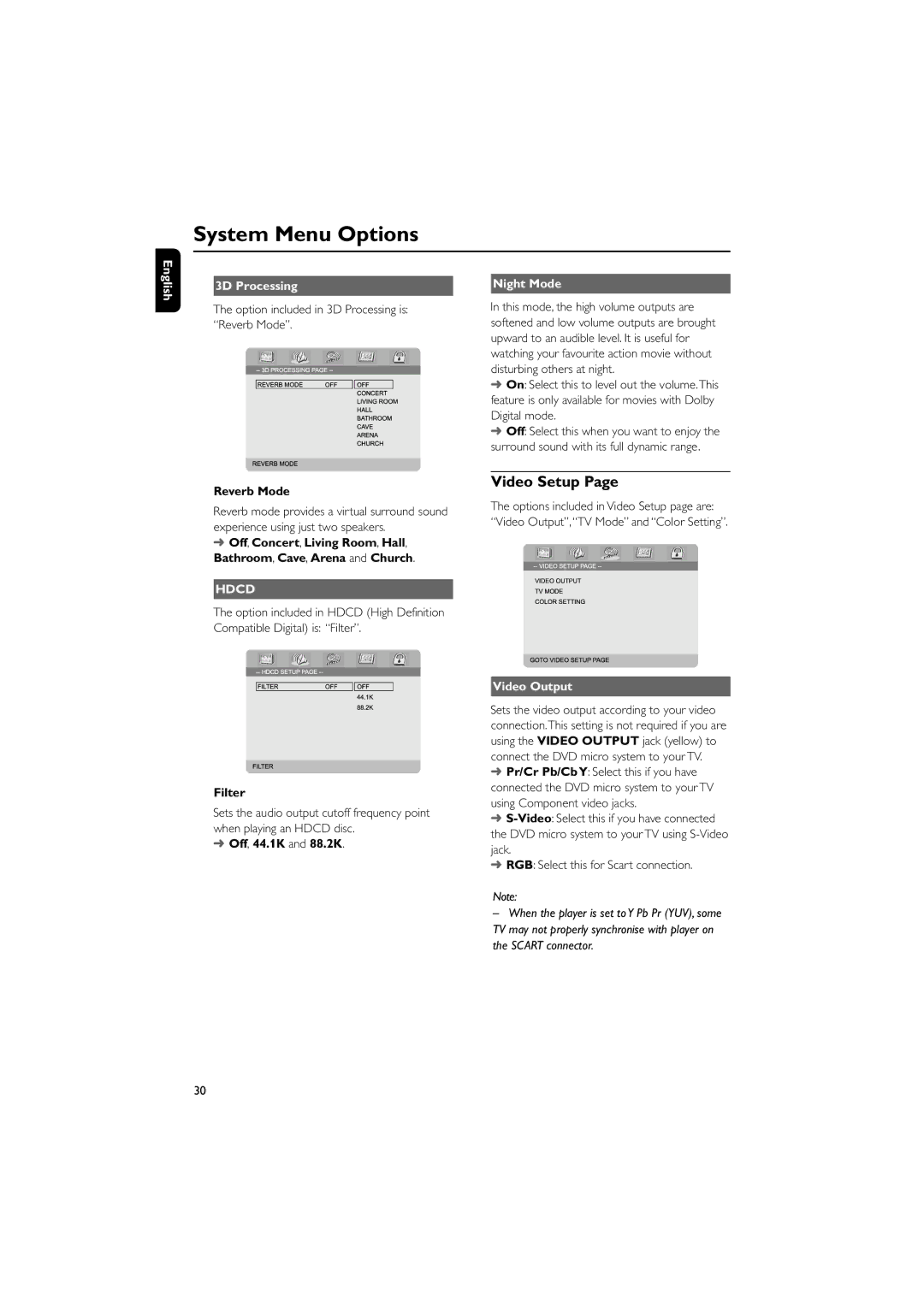 Philips MCD708/58 user manual Video Setup, English 3D Processing, Night Mode, Video Output 