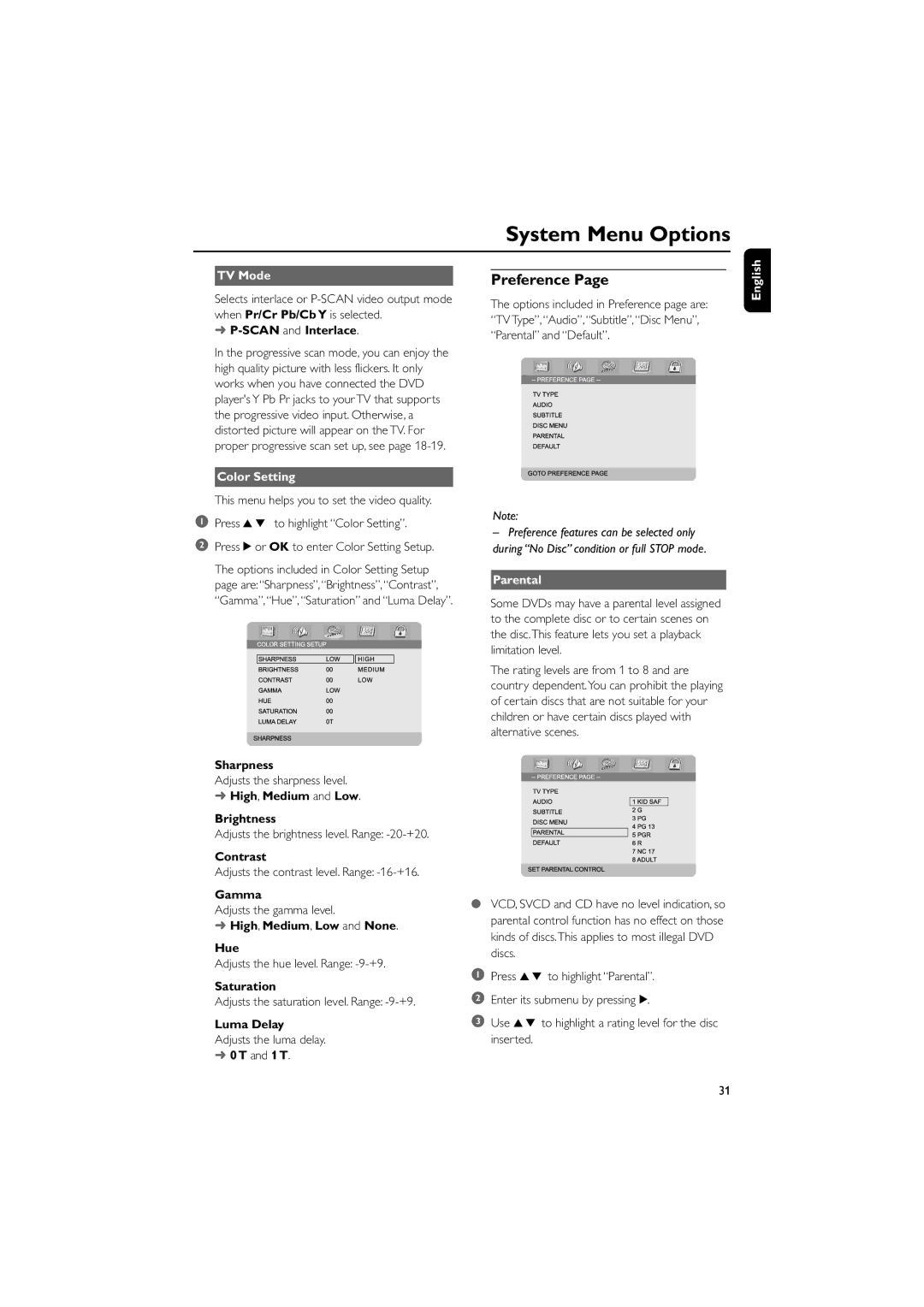 Philips MCD708/58 user manual Preference, TV Mode, Color Setting, Parental 