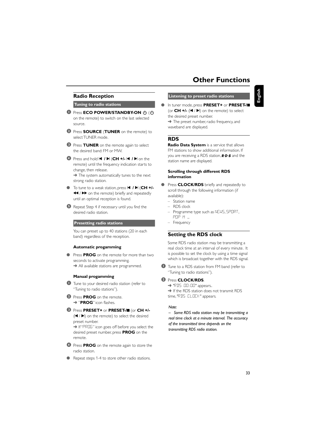 Philips MCD708/58 user manual Other Functions, Radio Reception, Setting the RDS clock 