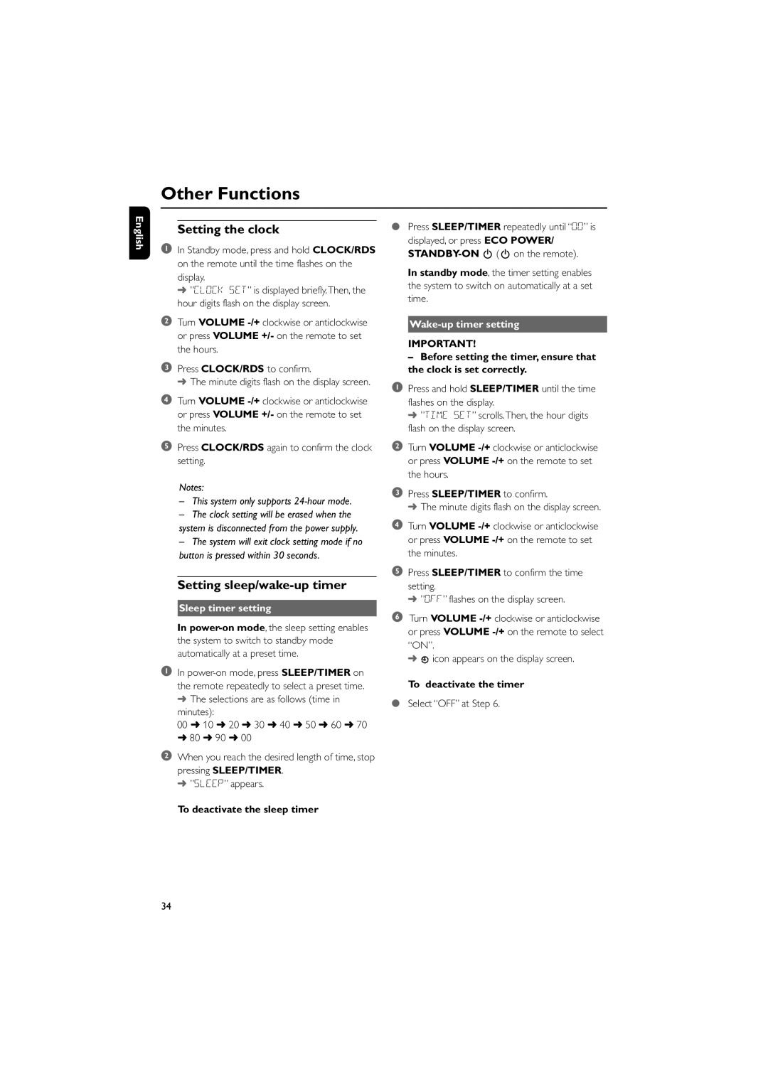 Philips MCD708/58 user manual Setting the clock, Setting sleep/wake-up timer, Sleep timer setting, Wake-up timer setting 