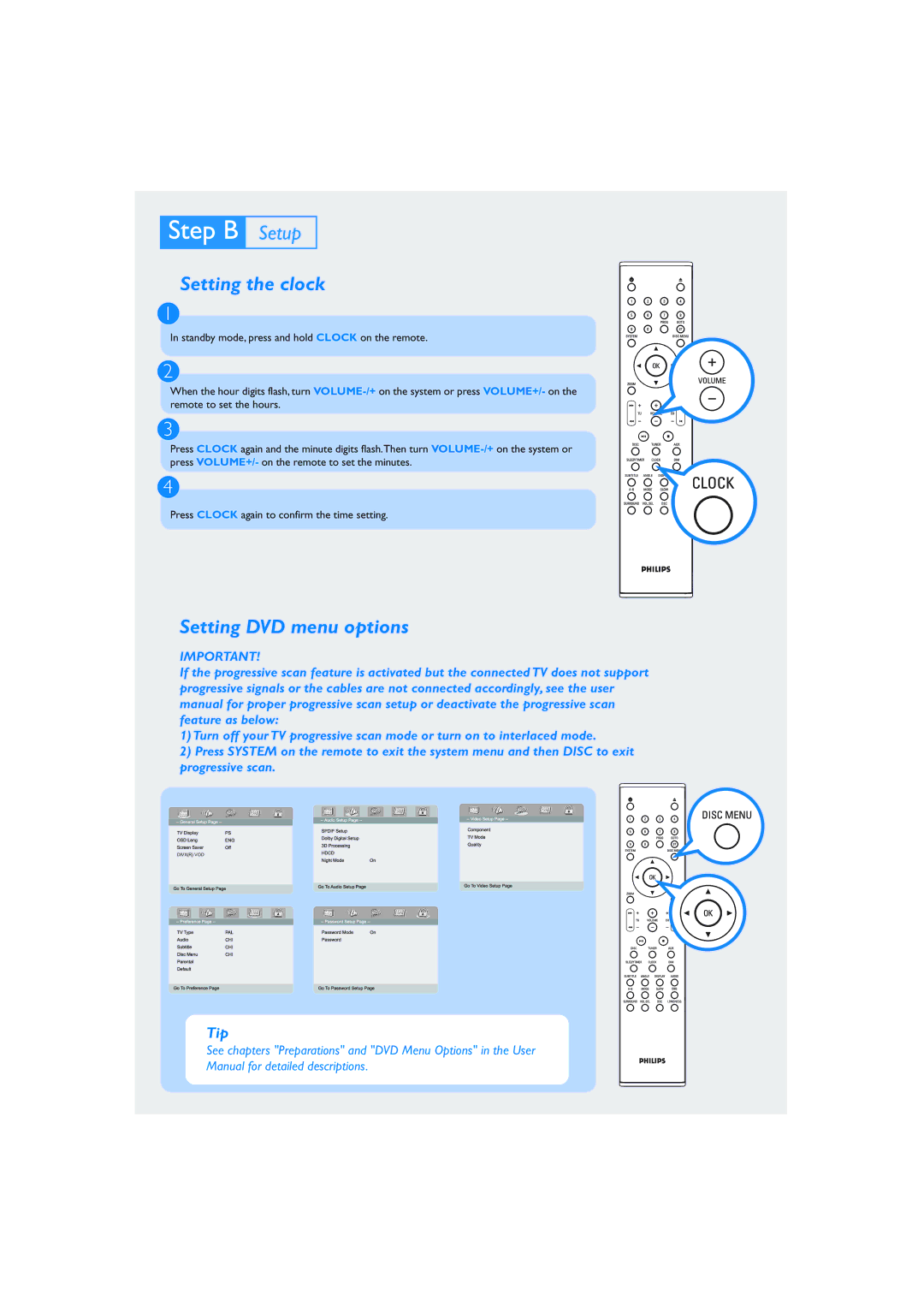 Philips MCD708/93 quick start Setting the clock, Setting DVD menu options, Tip 