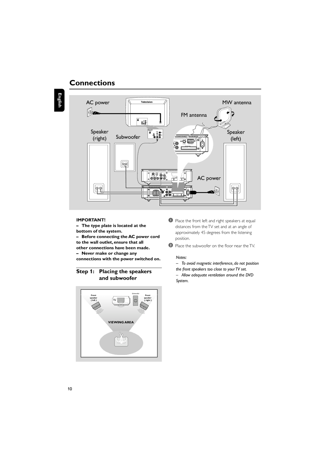 Philips MCD709 user manual Placing the speakers and subwoofer, Speaker, Type plate is located at the bottom of the system 