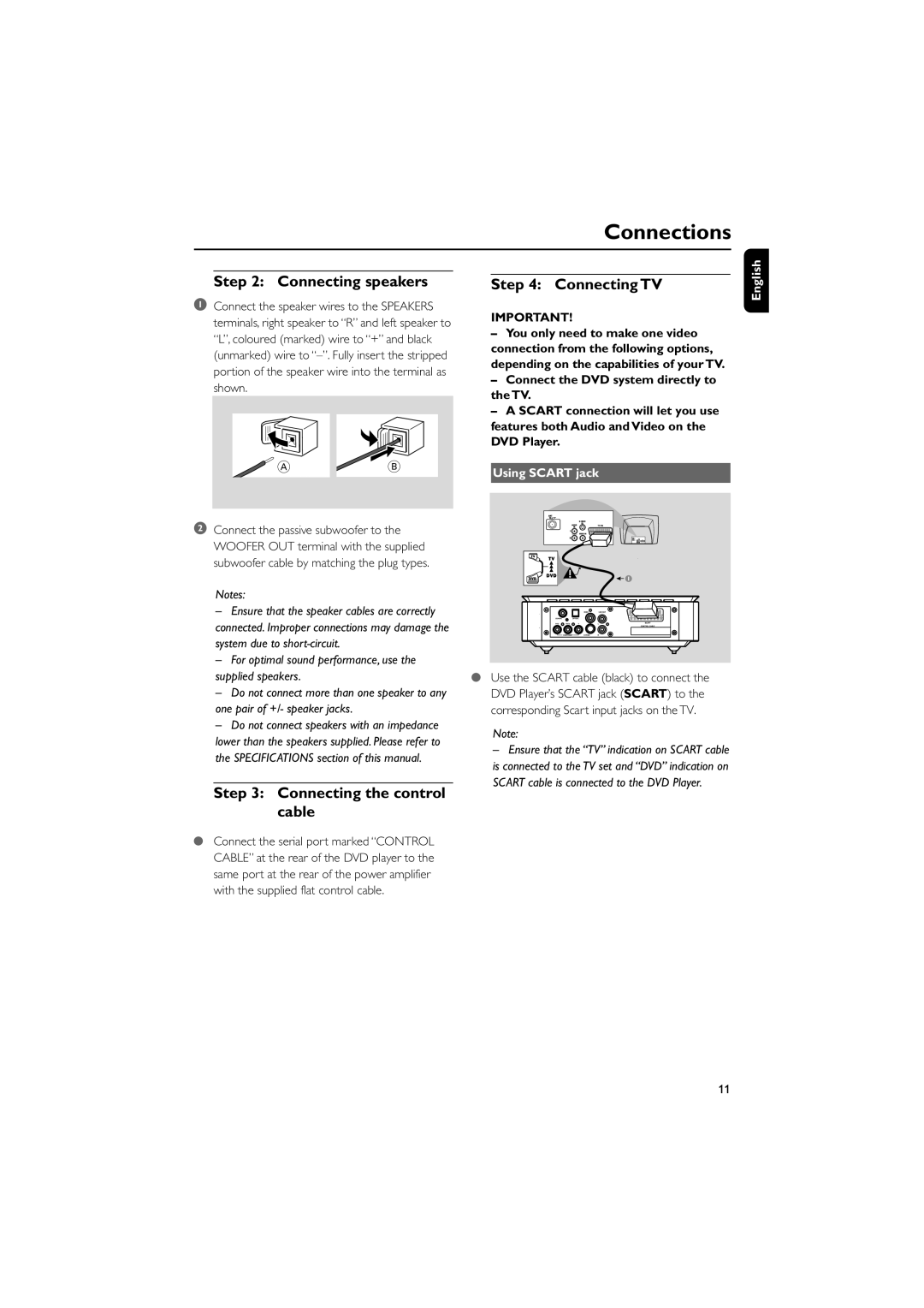 Philips MCD709 user manual Connections, Connecting speakers, Connecting the control cable Connecting TV, Using Scart jack 