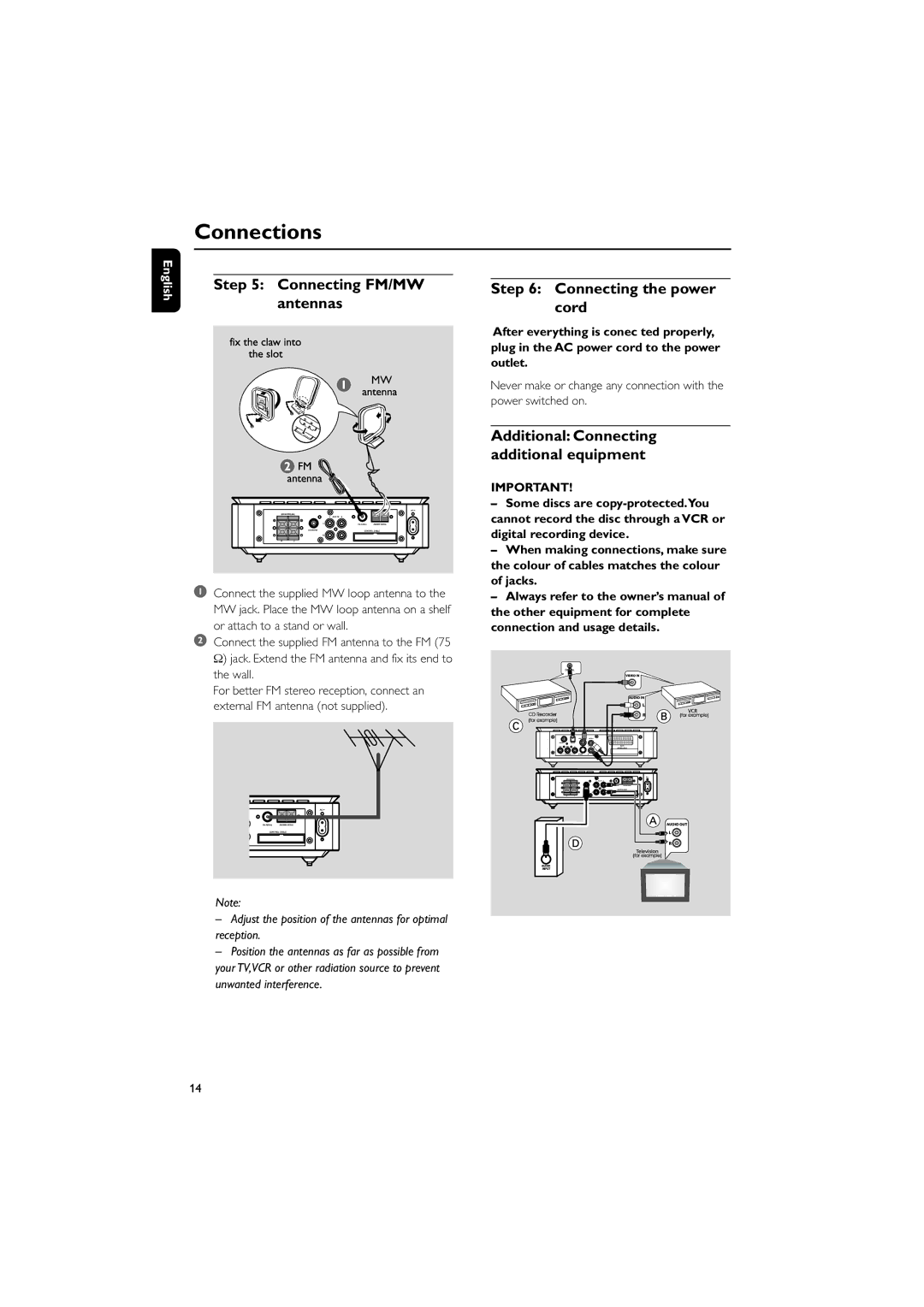 Philips MCD709 user manual Connecting FM/MW antennas, Connecting the power cord, Additional Connecting additional equipment 