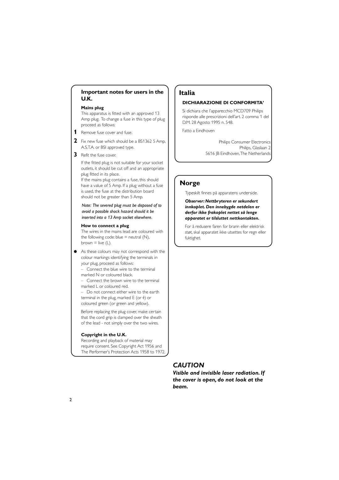 Philips MCD709 user manual Important notes for users in the U.K, Mains plug, How to connect a plug, Copyright in the U.K 