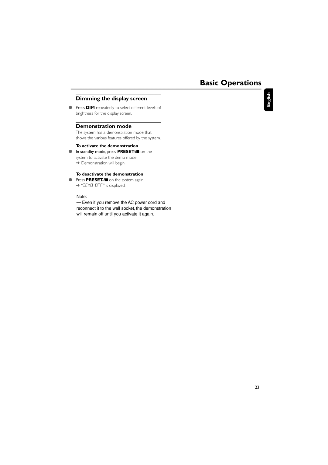 Philips MCD709 user manual Dimming the display screen, Demonstration mode, To activate the demonstration 