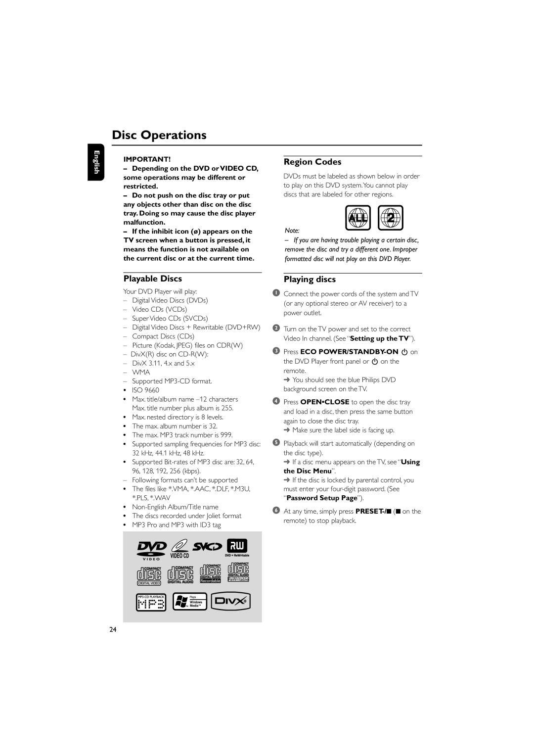 Philips MCD709 user manual Disc Operations, Region Codes, Playable Discs, Playing discs, Supported MP3-CD format ISO 