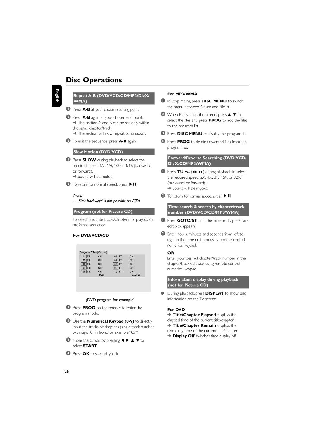 Philips MCD709 user manual English Repeat A-B DVD/VCD/CD/MP3/DivX, Slow Motion DVD/VCD, Program not for Picture CD 