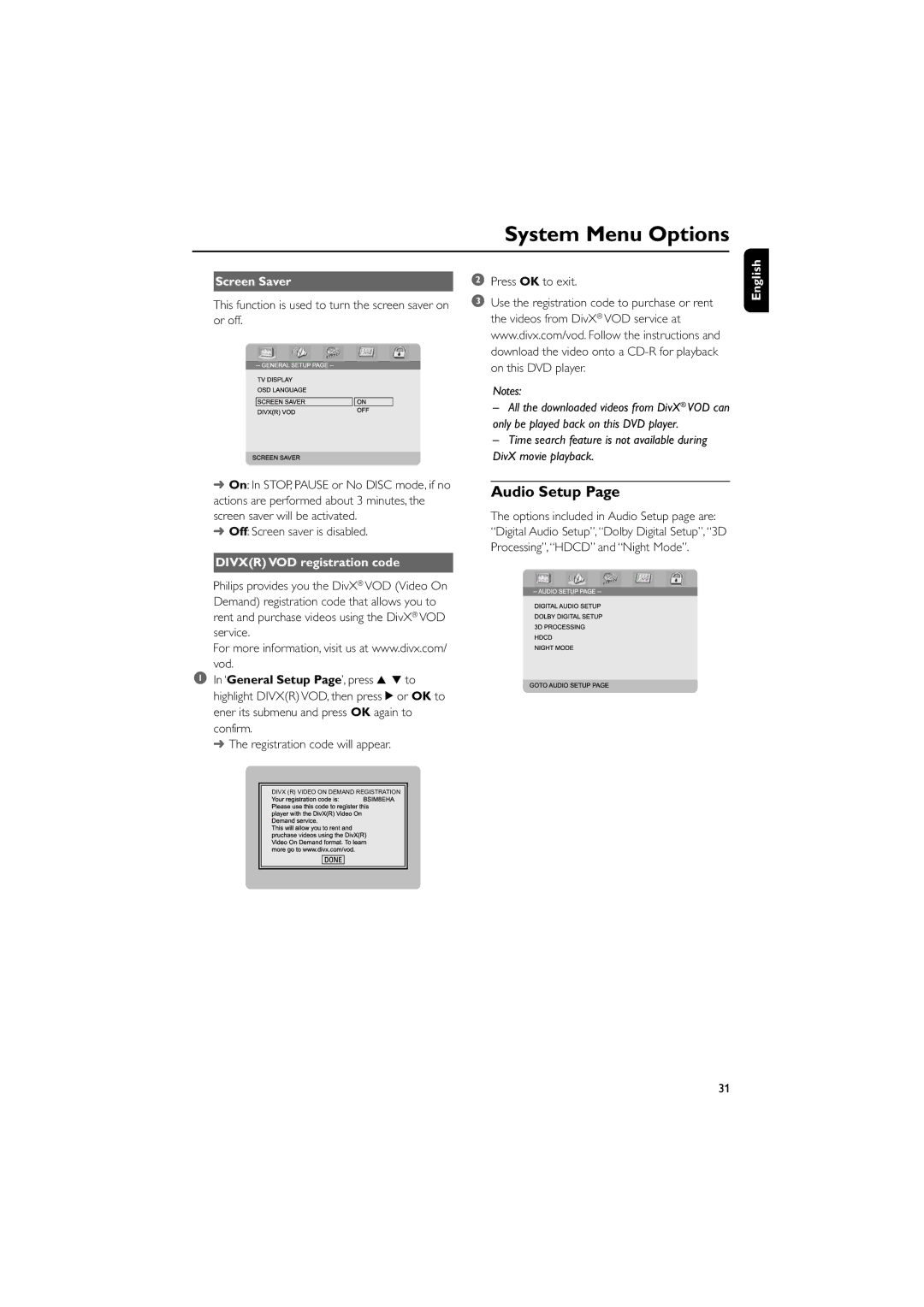 Philips MCD709 user manual Audio Setup, Screen Saver, This function is used to turn the screen saver on or off 