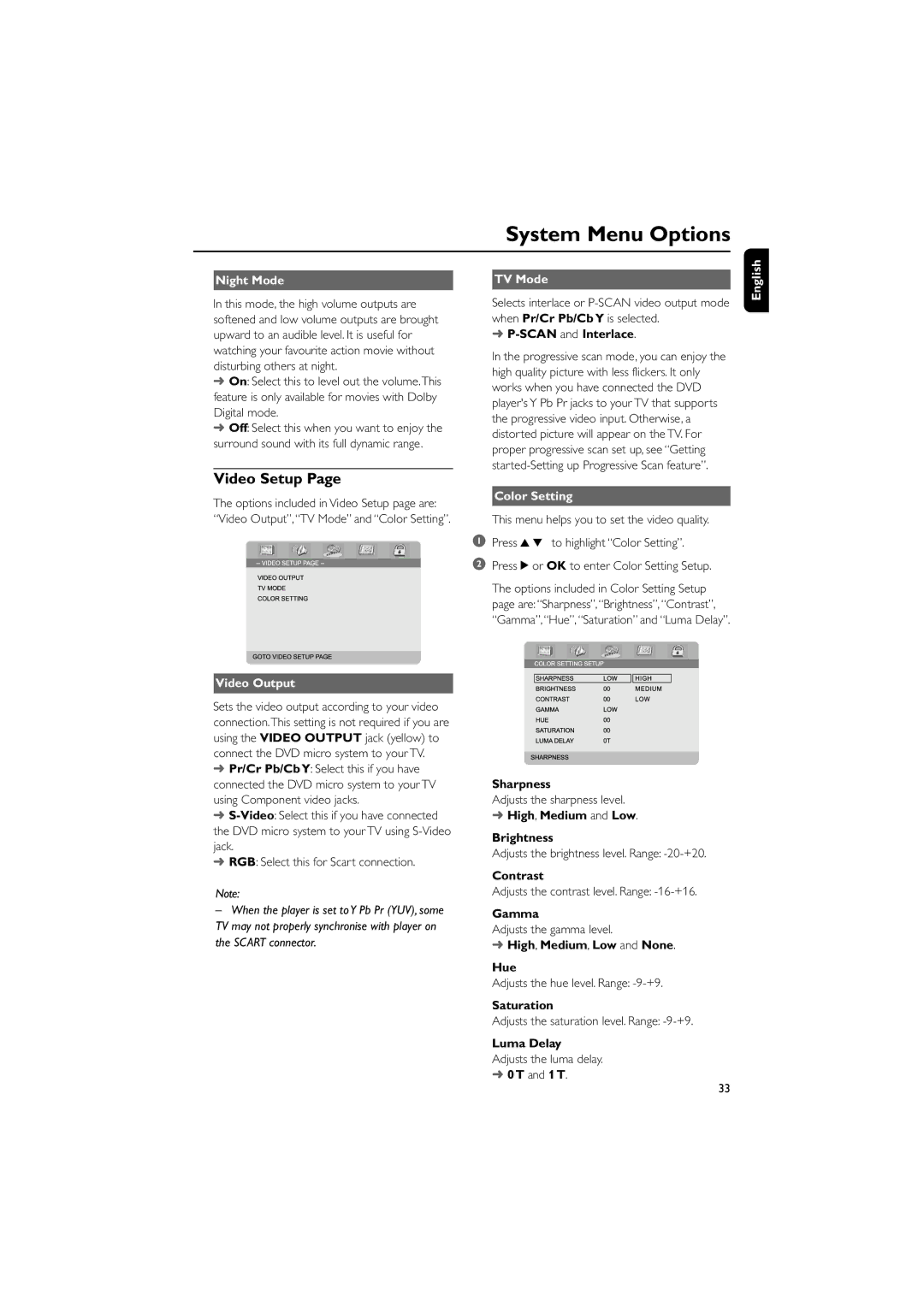 Philips MCD709 user manual Video Setup, Night Mode, TV Mode, Video Output, Color Setting 