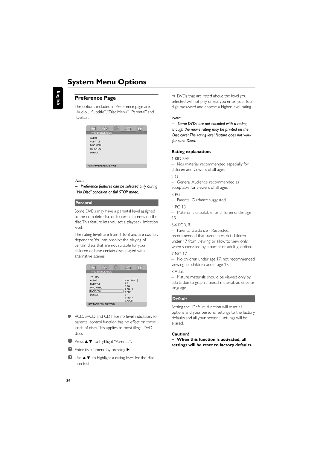 Philips MCD709 user manual Preference, Parental, Rating explanations, NC-17, Default 