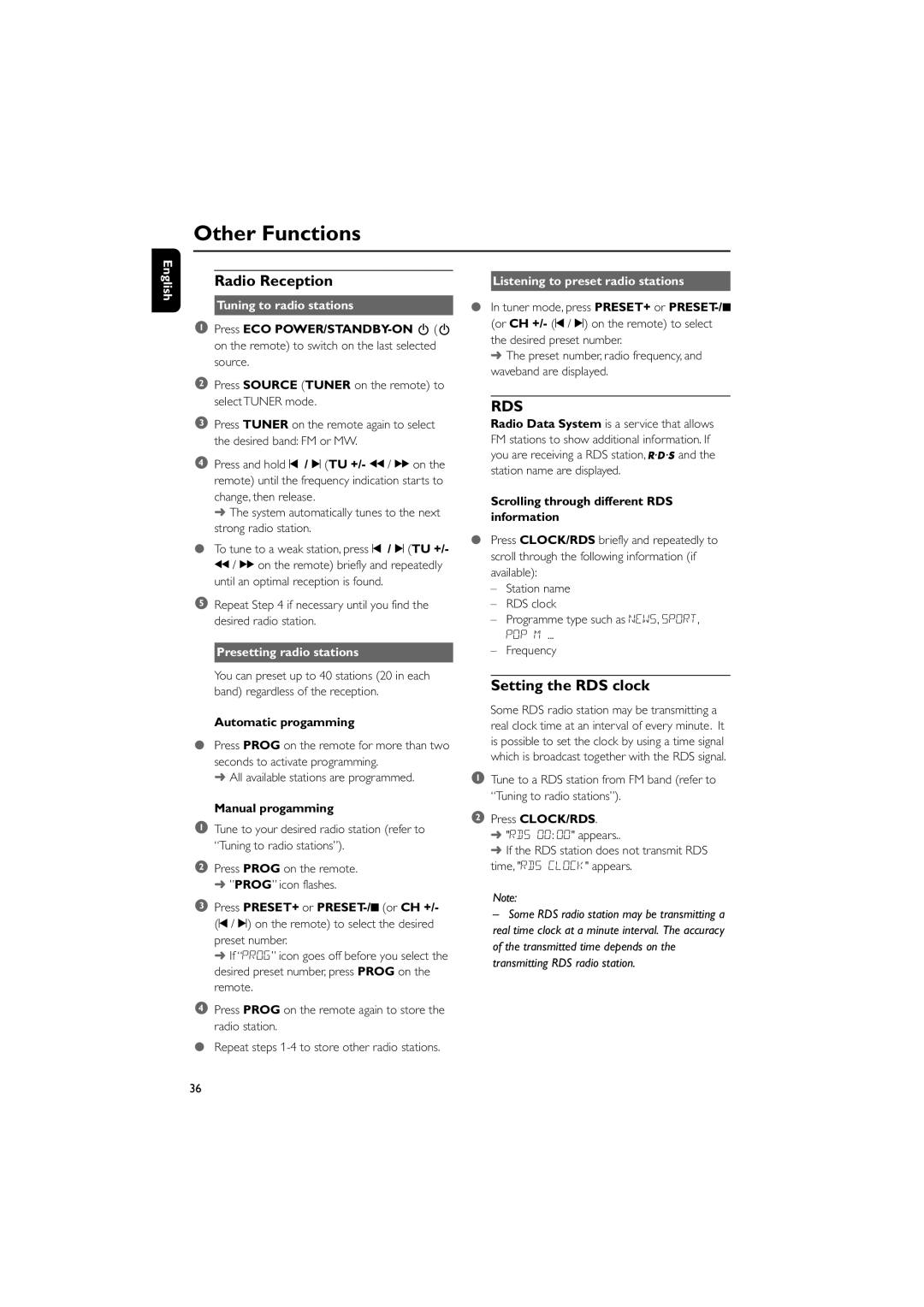 Philips MCD709 user manual Other Functions, Radio Reception, Setting the RDS clock 