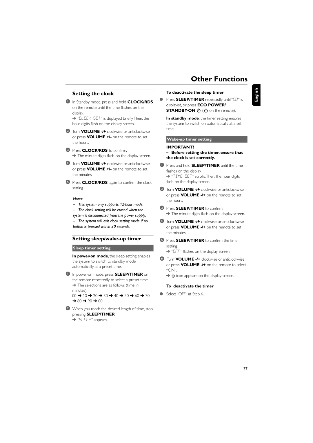 Philips MCD709 user manual Setting the clock, Setting sleep/wake-up timer, Sleep timer setting, Wake-up timer setting 