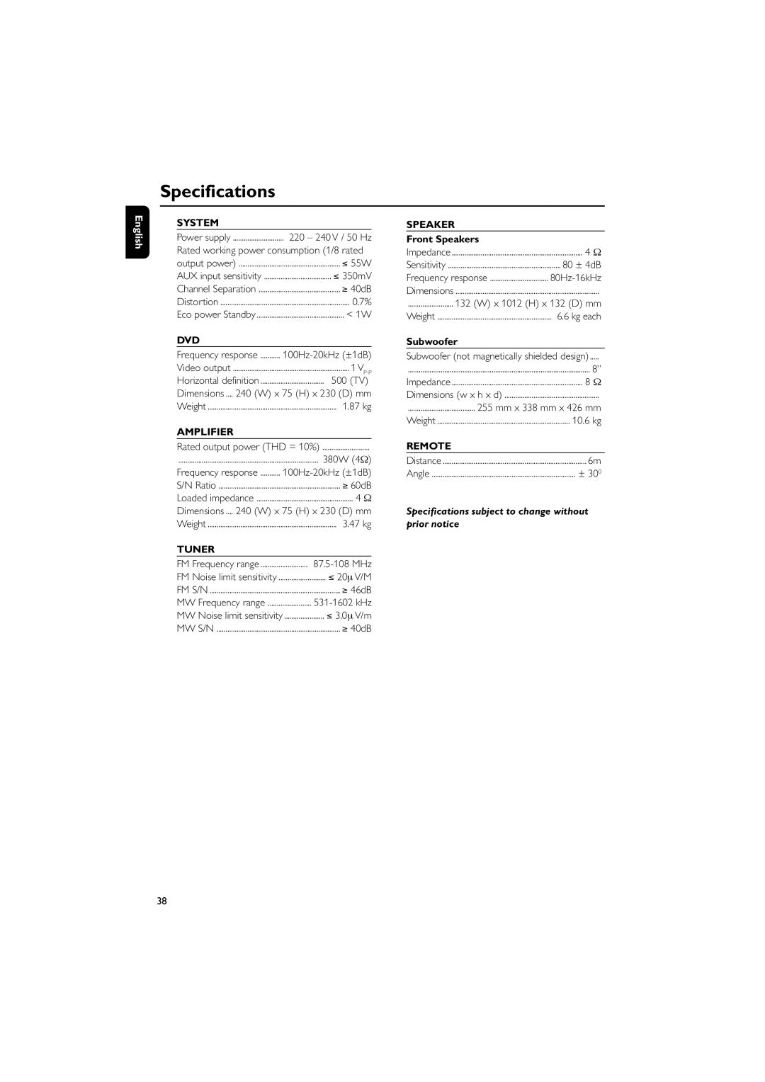 Philips MCD709 user manual Specifications 