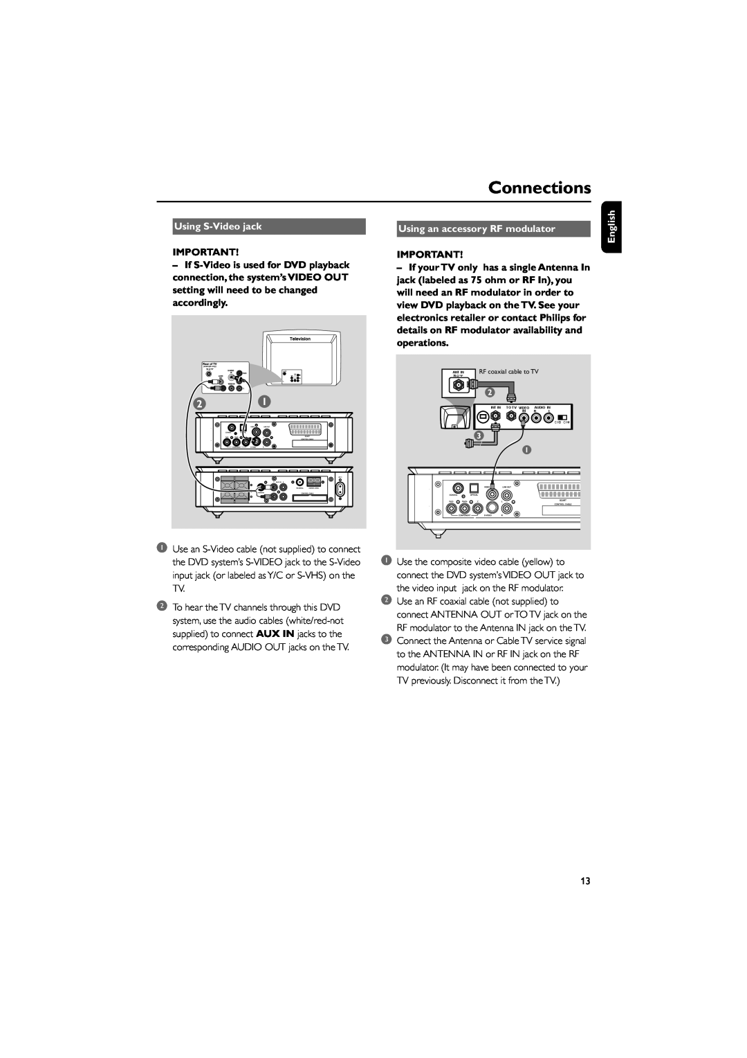 Philips MCD709 user manual Using S-Videojack, Connections, English, 1Use the composite video cable yellow to 