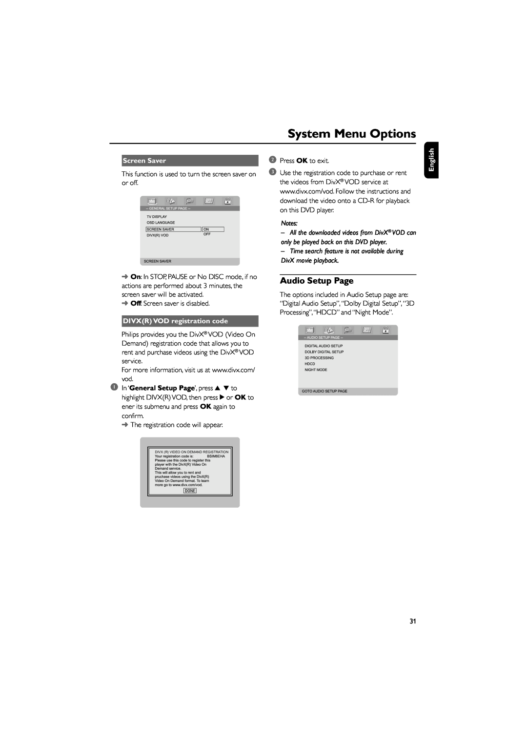 Philips MCD709 user manual Audio Setup Page, Screen Saver, DIVXR VOD registration code, System Menu Options, English 