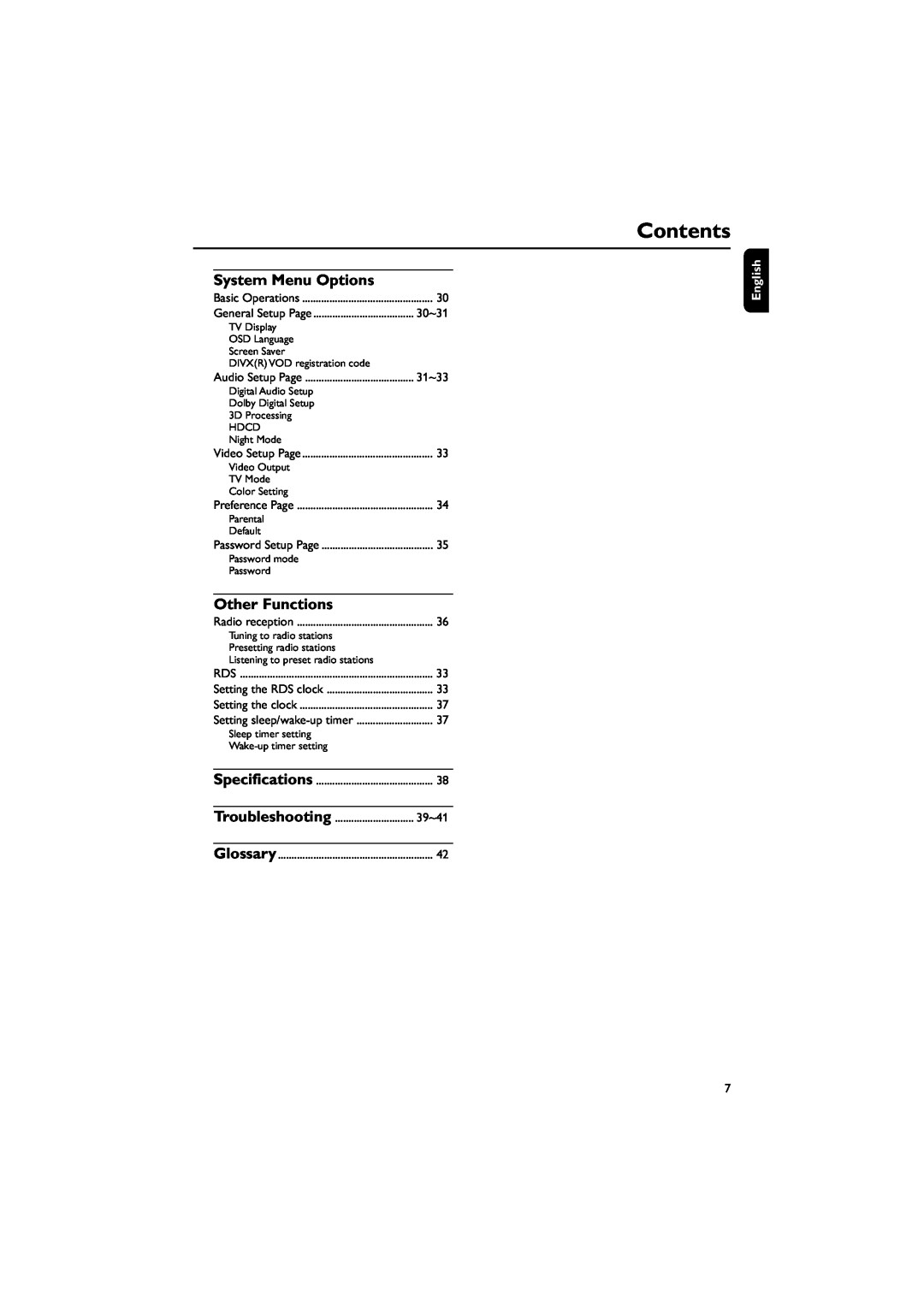 Philips MCD709 user manual System Menu Options, Other Functions, Contents, English, Troubleshooting 