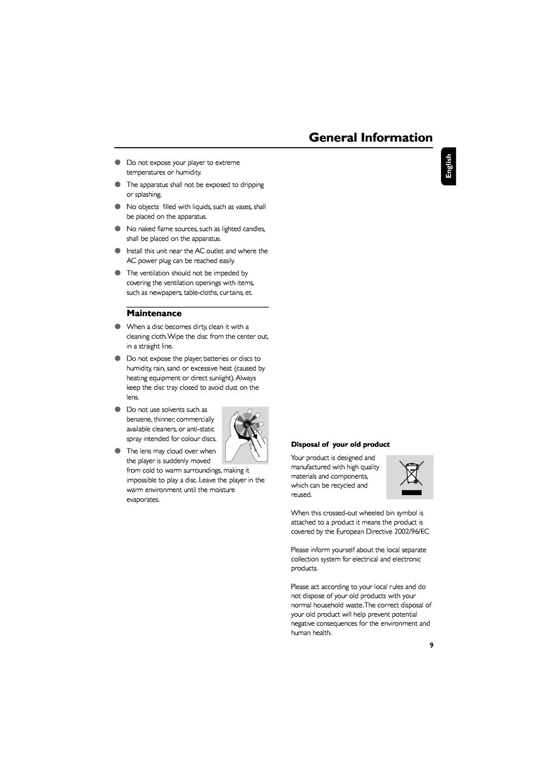 Philips MCD709 user manual Maintenance, Disposal of your old product, General Information, English 