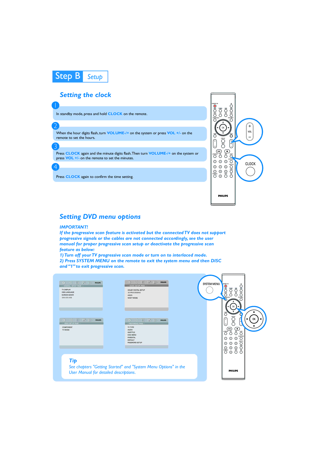 Philips MCD710 quick start Setting the clock, Setting DVD menu options 