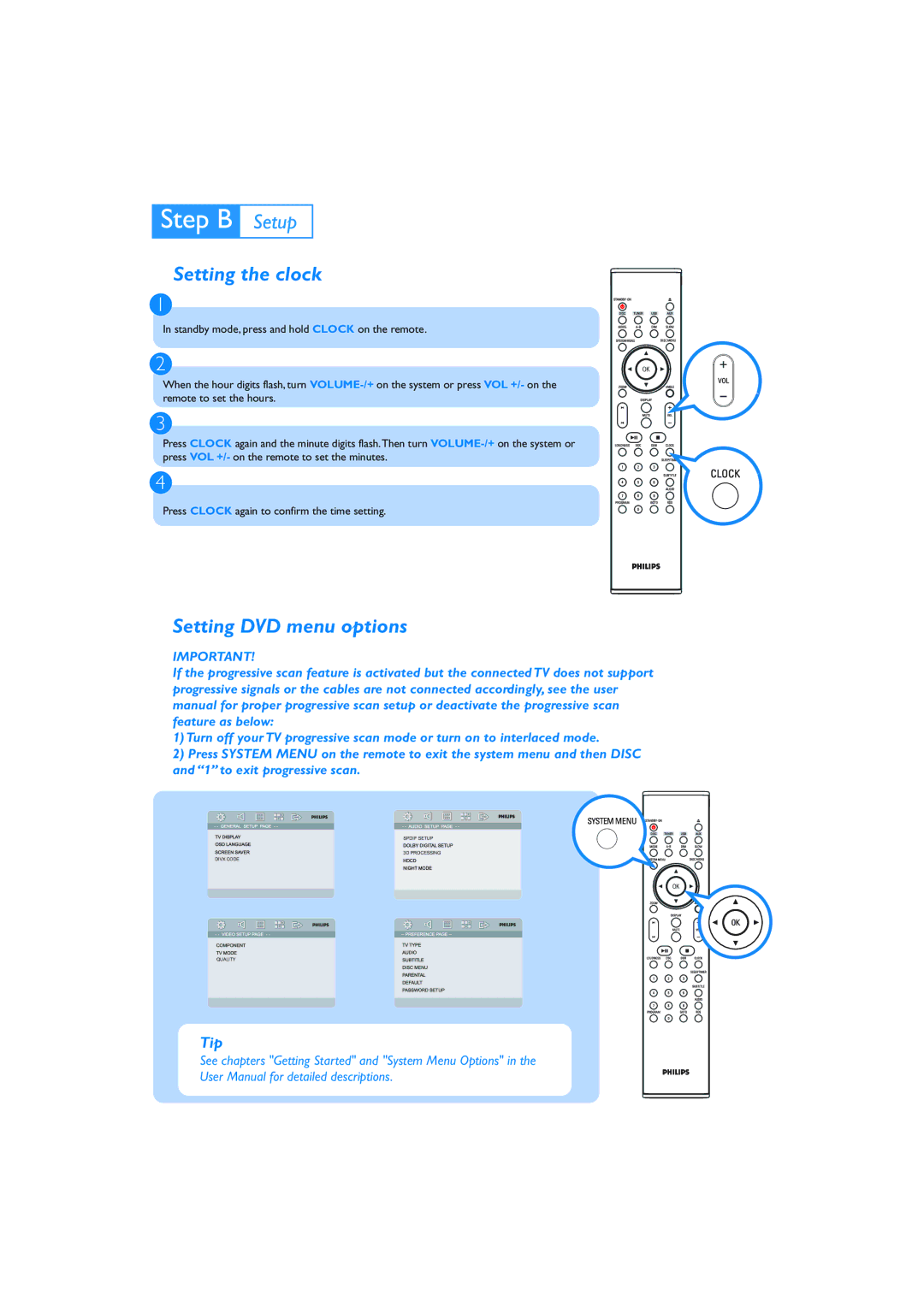 Philips MCD710 quick start Setting the clock, Setting DVD menu options 