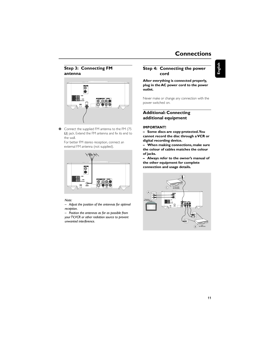 Philips MCD710/55 manual Connecting FM antenna, Connecting the power cord, Additional Connecting additional equipment 