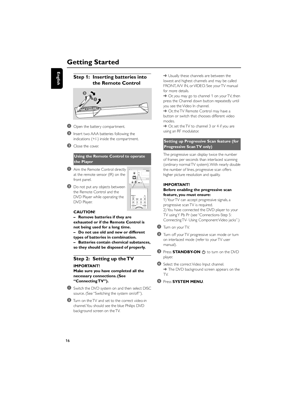 Philips MCD710/55 manual Getting Started, Inserting batteries into the Remote Control, Setting up the TV 