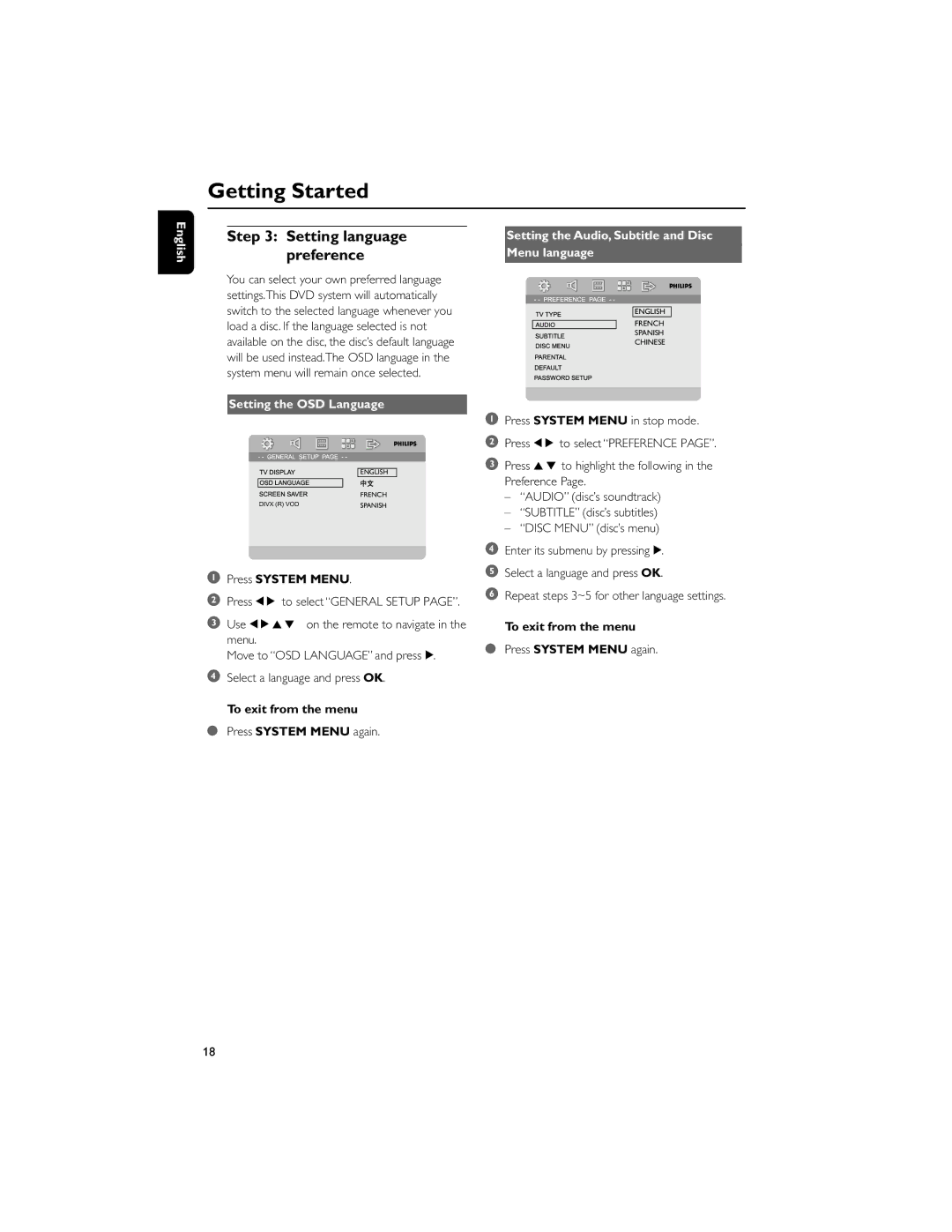 Philips MCD710/55 manual Setting language preference, Setting the OSD Language, Press System Menu, To exit from the menu 