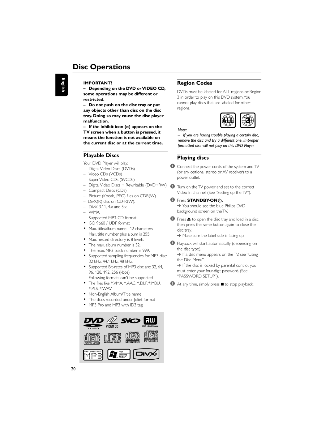 Philips MCD710/55 manual Disc Operations, Region Codes, Playable Discs, Playing discs 