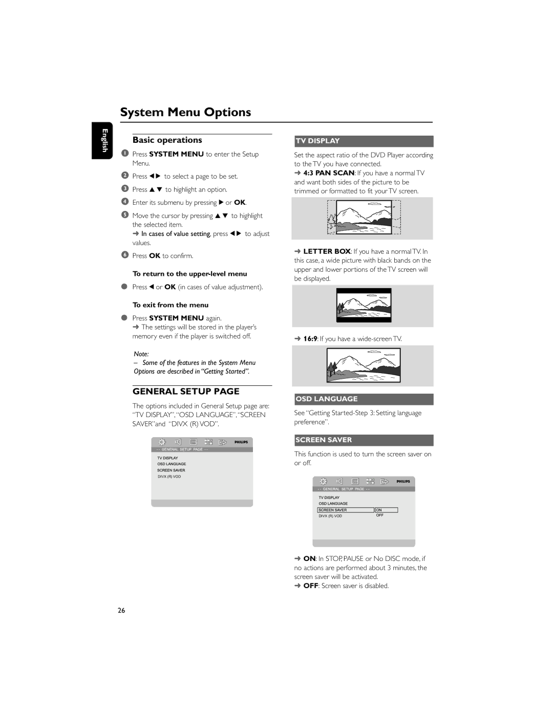 Philips MCD710/55 manual System Menu Options, Basic operations, TV Display, OSD Language, Screen Saver 