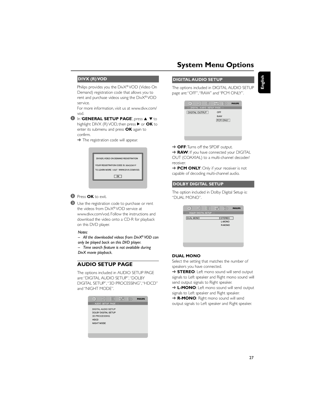 Philips MCD710/55 manual Divx R VOD, Digital Audio Setup, Dolby Digital Setup, Dual Mono 