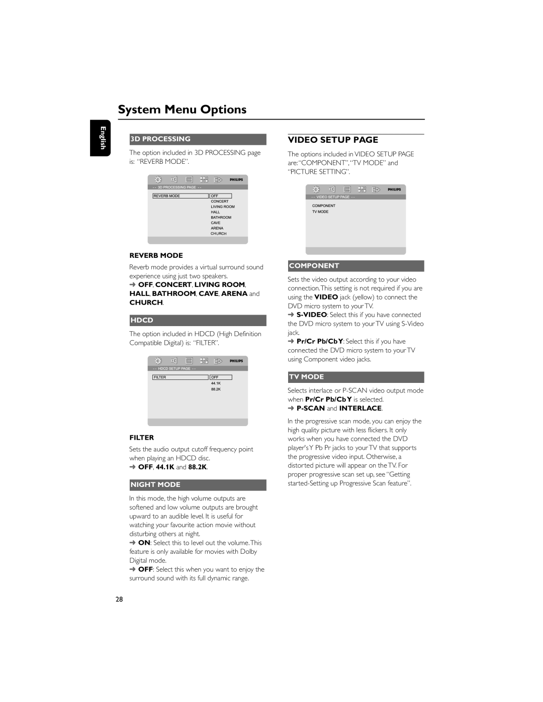 Philips MCD710/55 manual 3D Processing, Hdcd, Night Mode, Component, TV Mode 