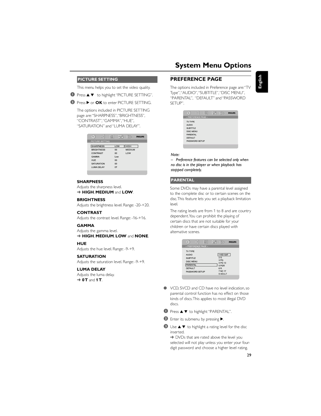 Philips MCD710/55 manual Picture Setting, Parental 