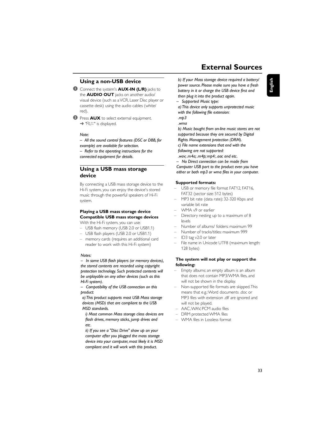 Philips MCD710/55 manual External Sources, Using a non-USB device, Using a USB mass storage device, Supported formats 