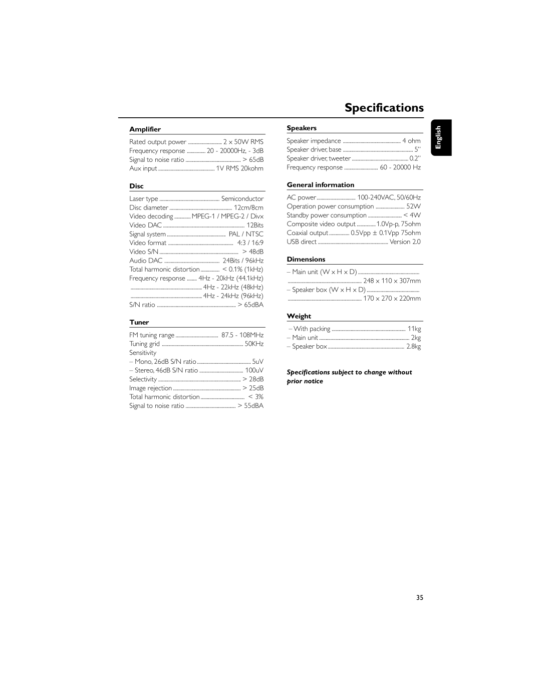 Philips MCD710/55 manual Specifications 