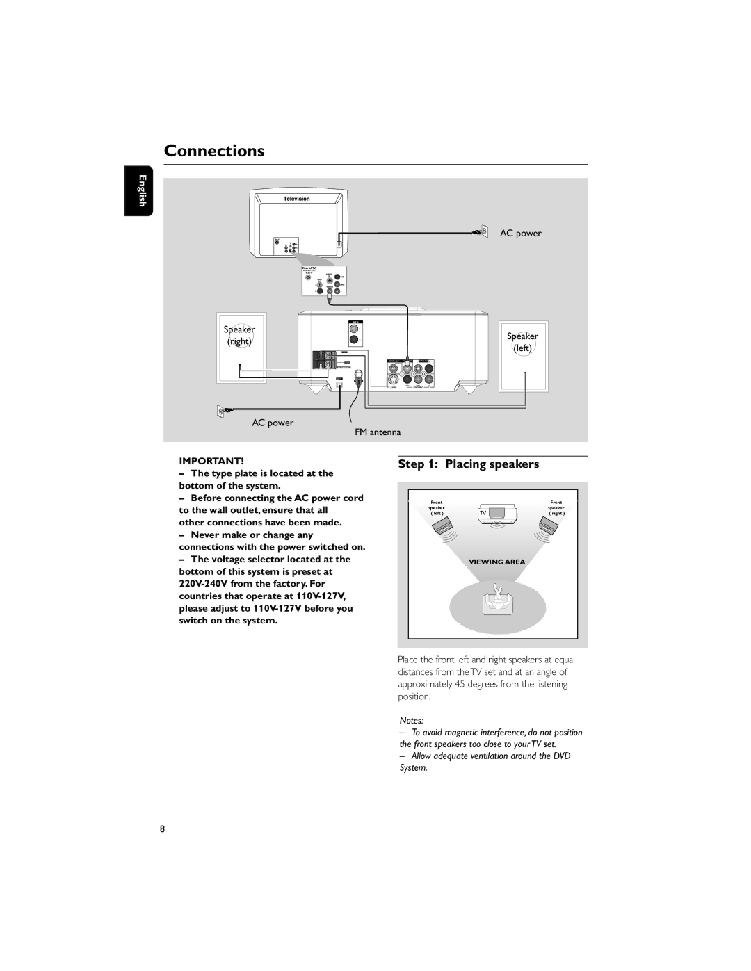 Philips MCD710/55 Connections, Placing speakers, AC power FM antenna, Type plate is located at the bottom of the system 