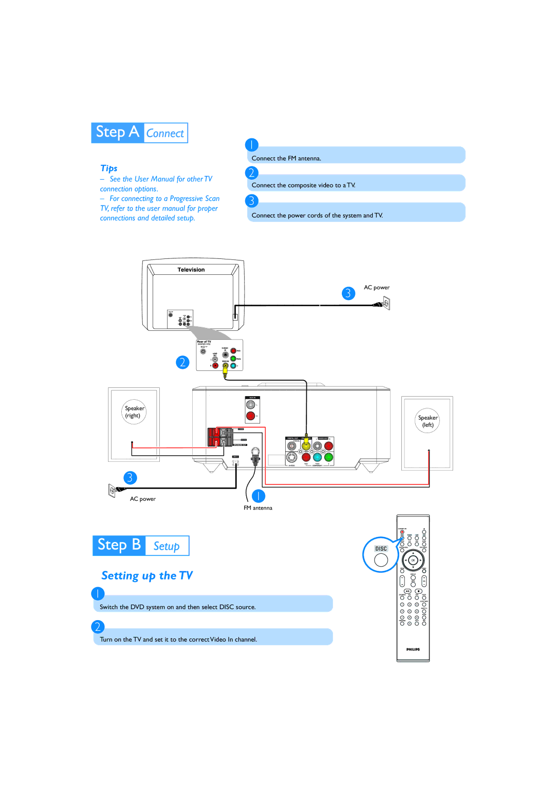 Philips MCD710B/93 quick start Setting up the TV, Tips 