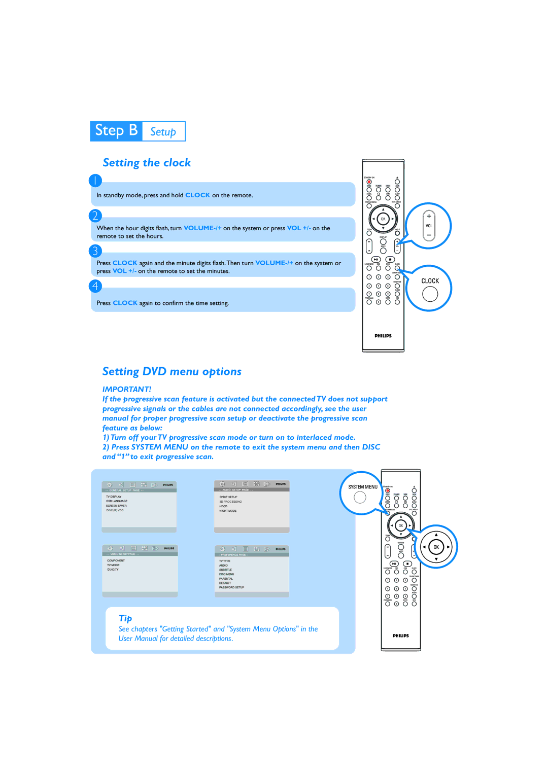 Philips MCD710B/93 quick start Setting the clock, Setting DVD menu options 