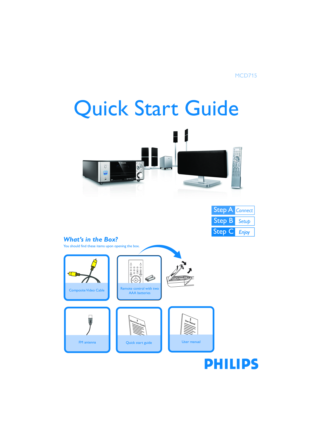 Philips MCD715/93 quick start What’s in the Box?, Quick Start Guide, You should find these items upon opening the box 