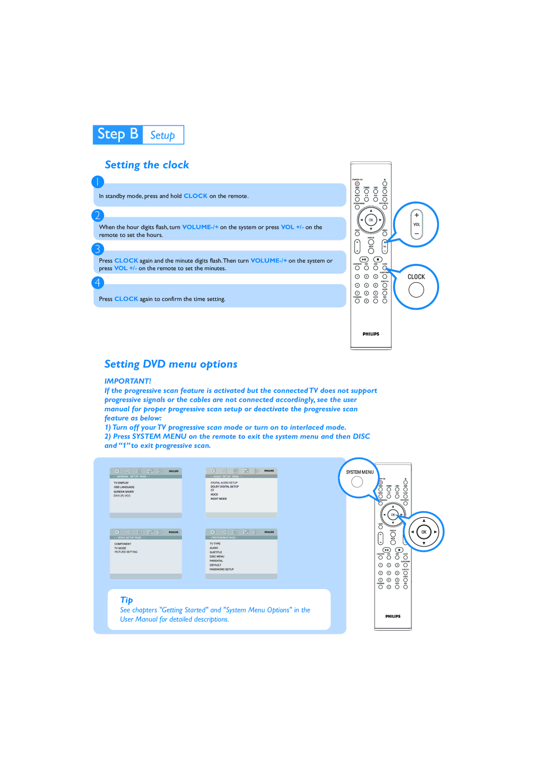 Philips MCD716 quick start Setting the clock, Setting DVD menu options 