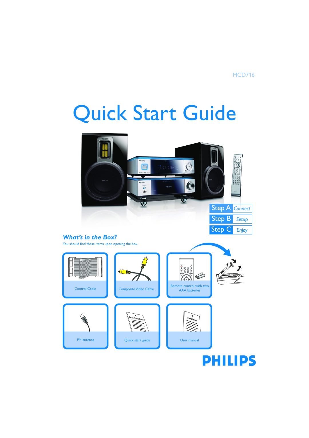 Philips MCD716 quick start What’s in the Box?, Quick Start Guide, You should find these items upon opening the box, Manual 