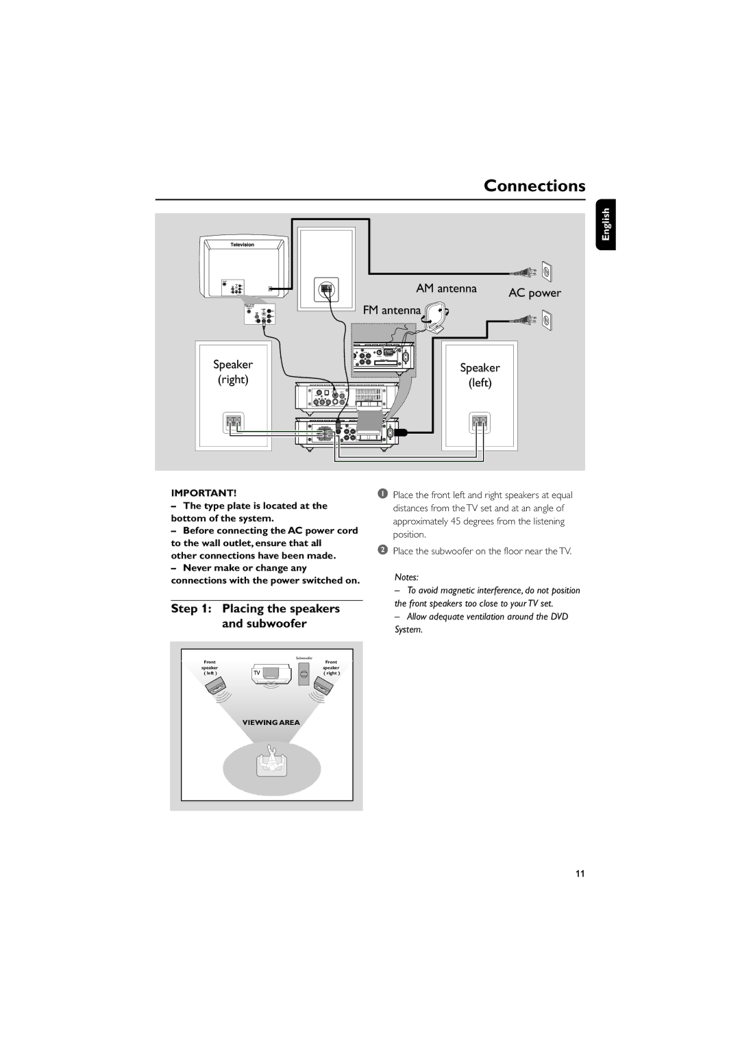 Philips MCD718 owner manual Placing the speakers and subwoofer, Speaker, Type plate is located at the bottom of the system 