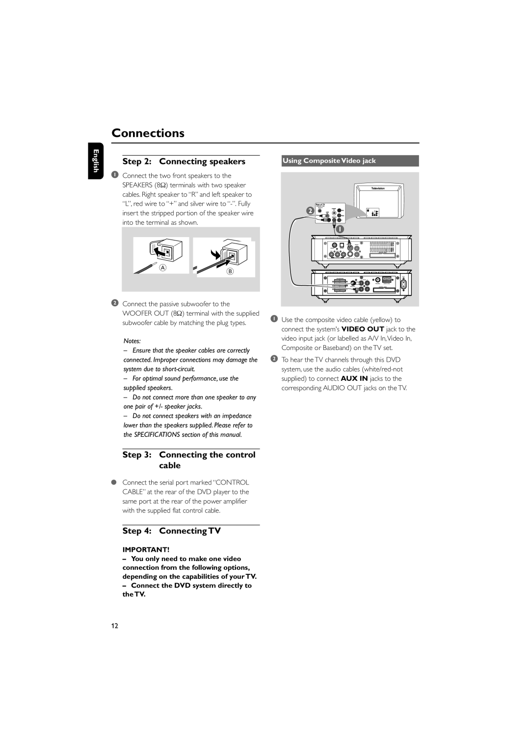 Philips MCD718 Connections, Connecting speakers, Connecting the control cable, Connecting TV, Using Composite Video jack 