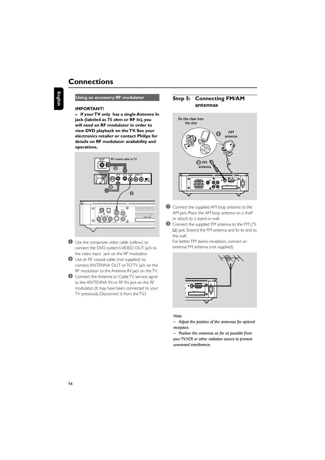 Philips MCD718 Connecting FM/AM antennas, English Using an accessory RF modulator, Use an RF coaxial cable not supplied to 