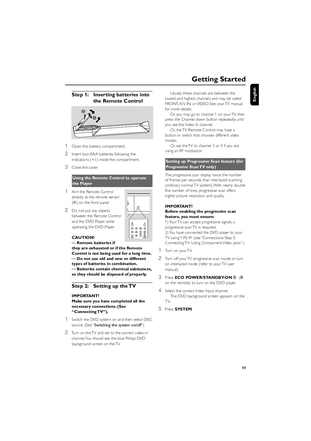 Philips MCD718 Getting Started, Inserting batteries into the Remote Control, Setting up the TV, Remove batteries if 