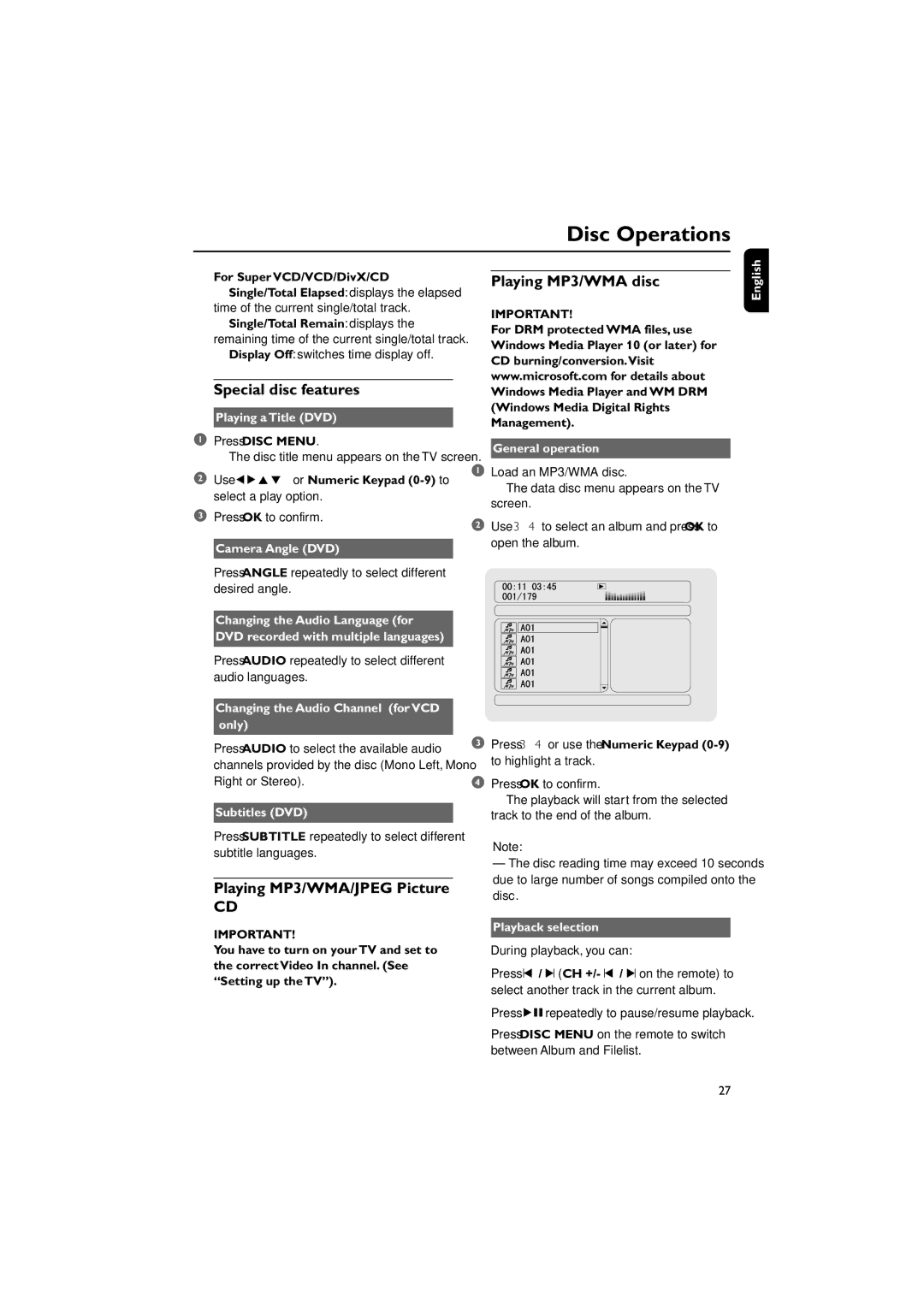 Philips MCD718 owner manual Special disc features, Playing MP3/WMA/JPEG Picture, Playing MP3/WMA disc 