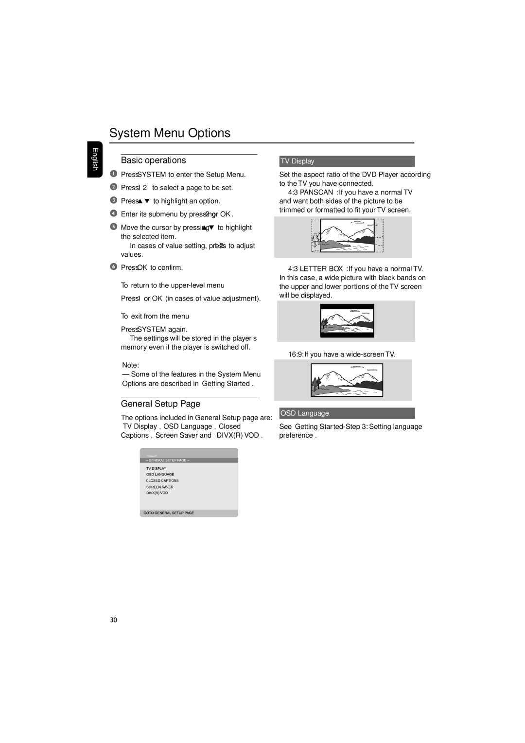 Philips MCD718 owner manual System Menu Options, Basic operations, General Setup, TV Display, OSD Language 