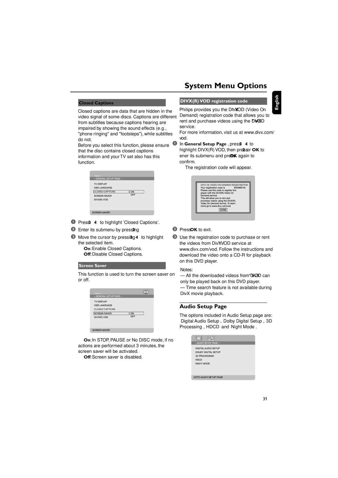 Philips MCD718 owner manual Audio Setup, Closed Captions, Screen Saver, Off Screen saver is disabled 